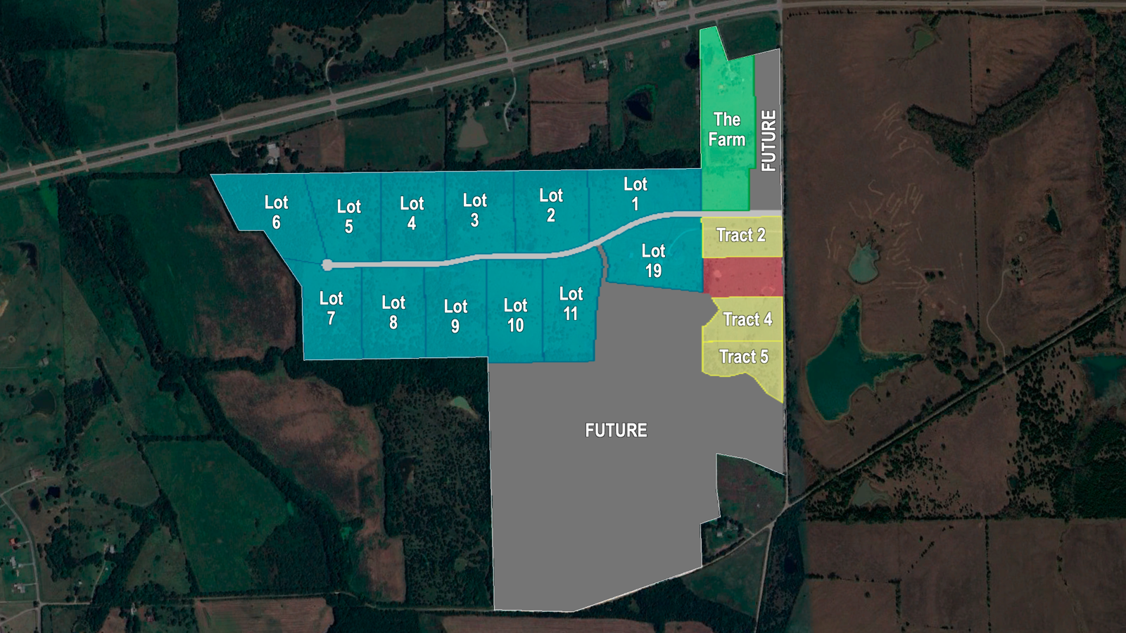 Aerial site map showing lots, tracts, The Farm, and the access road at The Ranch of Bois D'arc