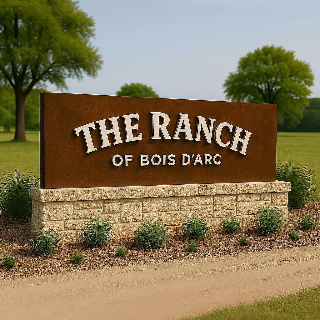 The Ranch of Bois D'arc entrance sign on a rusted steel and stone base