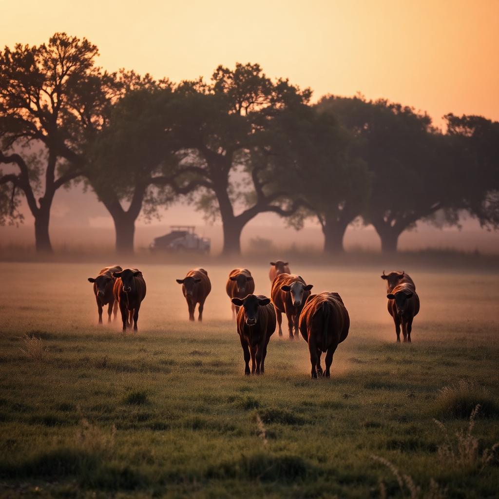 Cattle grazing on Texas pasture at sunrise - placeholder