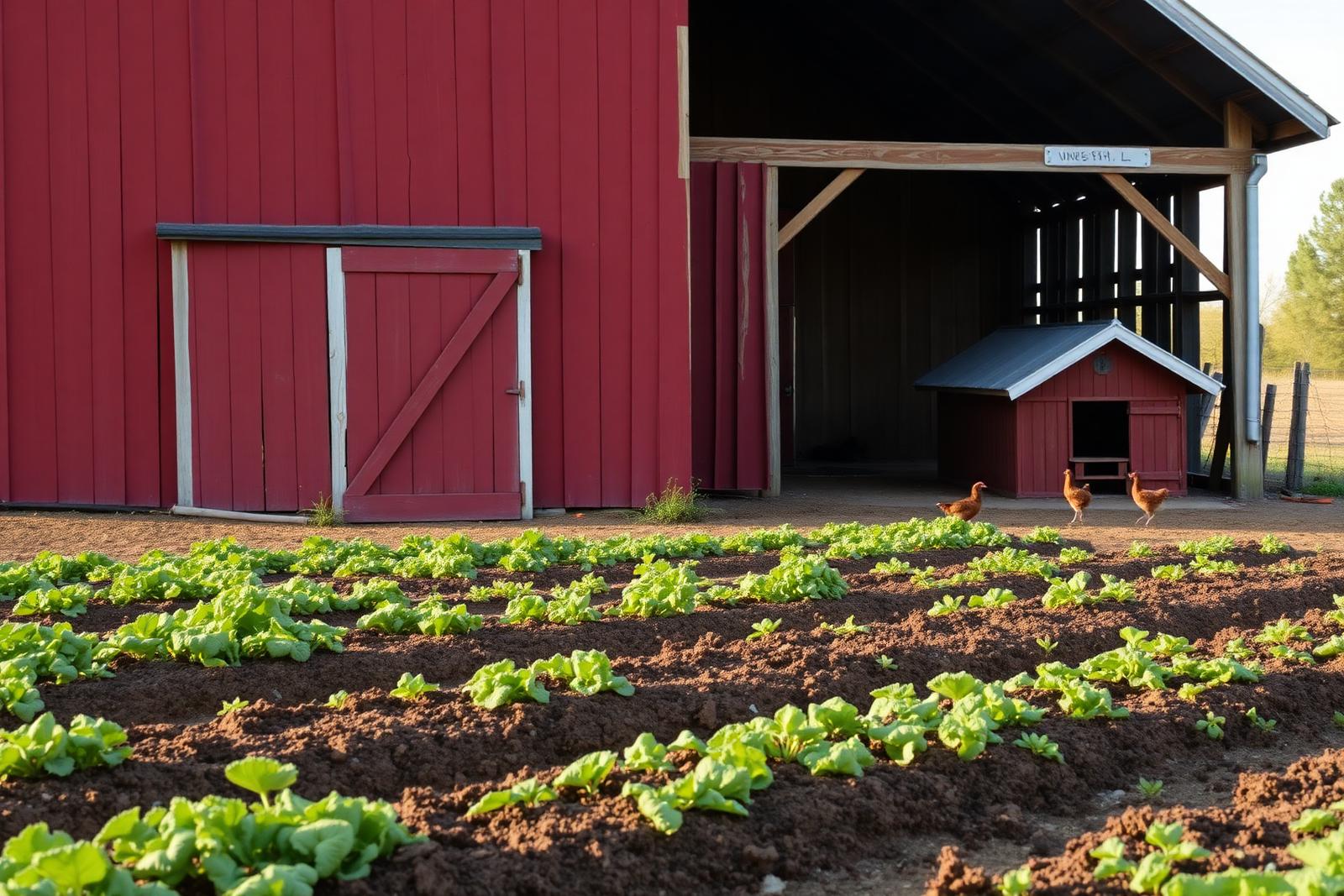 The Shared Farm - barn and garden rows